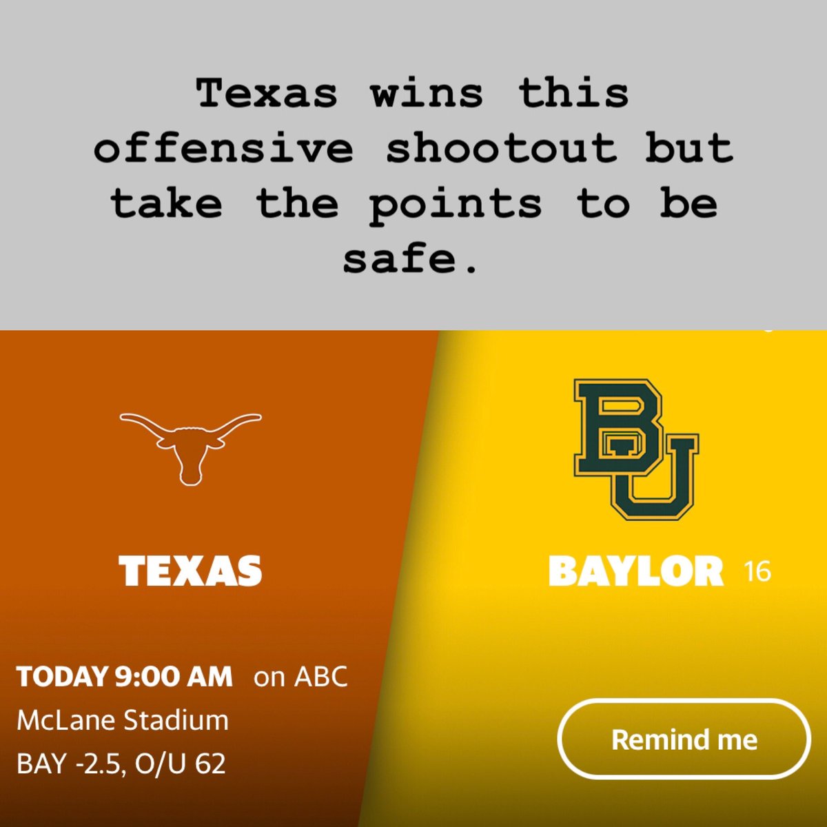 PSAnalytic's tweet image. Keeping it simple today. #texas vs #baylor in a #shootout #bet Texas big! We have some on the #moneyline but take the points to be safe #psa #psanalytics #bettors #GamblingTwitter #cfb #saturdayfootball #ncaaf #BarstoolSportsbook #mgmbook #bookiebeater