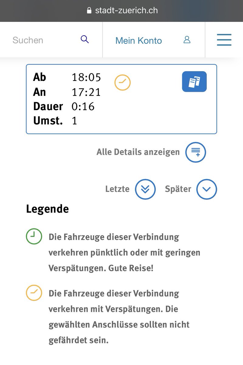 Die Fahrzeuge der <a href="/vbz_zueri_linie/">VBZ Züri-Linie</a> verkehren zwar teilweise mit Verspätung, aber die gewählten Anschlüsse sollten nicht gefährdet sein, weil man offenbar in die Vergangenheit fährt. #zeitreise geschickt eingesetzt!