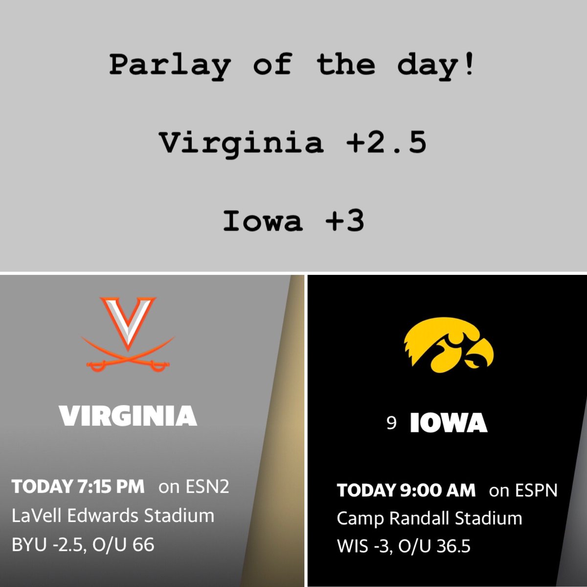 PSAnalytic's tweet image. #underdog #parlay #virginia and #iowa for the win but take the points to be safe and easy money #psa #psanalytics #collegefootball #saturdayfootball #footballsaturday #cfb #ncaaf #GamblingTwitter #FreePicks #premiumpick #premium