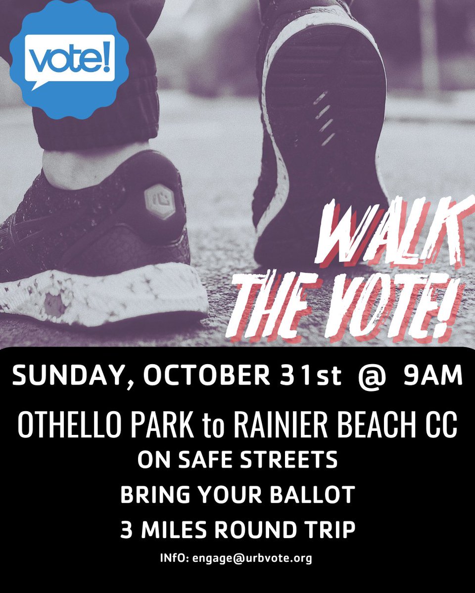 URBVOTE's tweet photo. Join us on a Healthy Walk to the Polls on Sunday, October 31st at 9 AM! We will meet at Othello Park and then walk about 1.5 miles down the Safe Streets to Rainier Beach Community Center and the Ballot Box, Drop our Ballots and then Walk Back! The route is about 3 miles total. https://t.co/9ckTuVfCeN