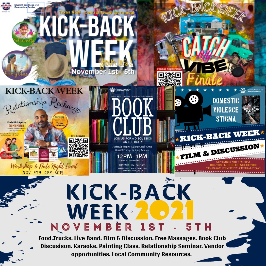 Join us Nov. 1st-5th for our 1st annual Kickback Week 2021! There will be free massages, food trucks, karaoke, community resources &amp; more. Visit our website to pre-register for our signature Date Night event or apply to be vendor at our Catch My Vibe finale event.  #swacctamuct