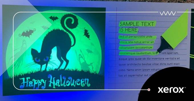 thinkburo's tweet image. Halloween is almost here! Celebrate the spookiest of holidays by making cards, decorations and other printed creations glow with eerie fluorescent ink. Find out how with Xerox Adaptive CMYK+ tech. oal.lu/G8bpR  #BeyondCMYK #HappyHalloween  oal.lu/0RZF6