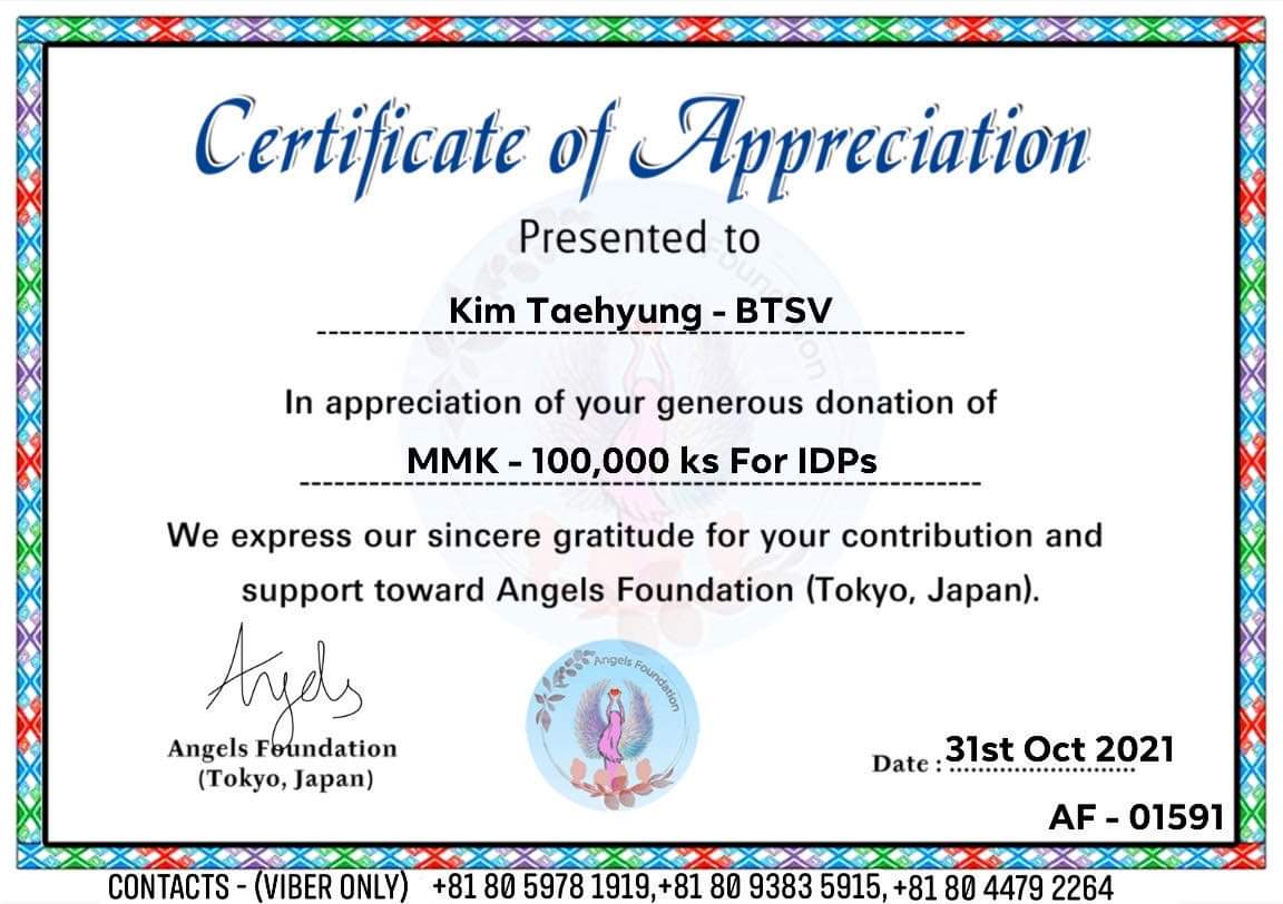 BTSV_Myanmar's tweet photo. Inspired by Kim Taehyung's  kindness love on people , so we did this donation under his name .
We have donated 10,0000.00 MMKs
under Kim Taehyung - BTSV's name to Angels Foundation for ethnic people who feeling of the war and fire attack in Myanmar 🇲🇲

THANK YOU  KIM TAEHYUNG 💜 https://t.co/U05ZqfS8rI