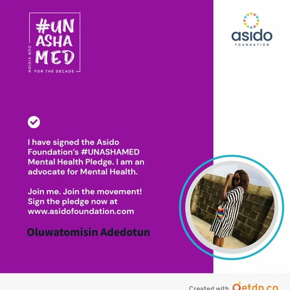 ACNUnilag's tweet photo. We have signed the Asido Foundation's #unashamed Mental Health Pledge..We are advocates for Mental Health 

Join us, Join the movement, sign the pledge now at https://t.co/IhVlM6m6vt

@asidofoundation
#acnunilag #mentalhealth #menatlhealthmatters #mentalhealthadvocate https://t.co/hBbvHAZvcU