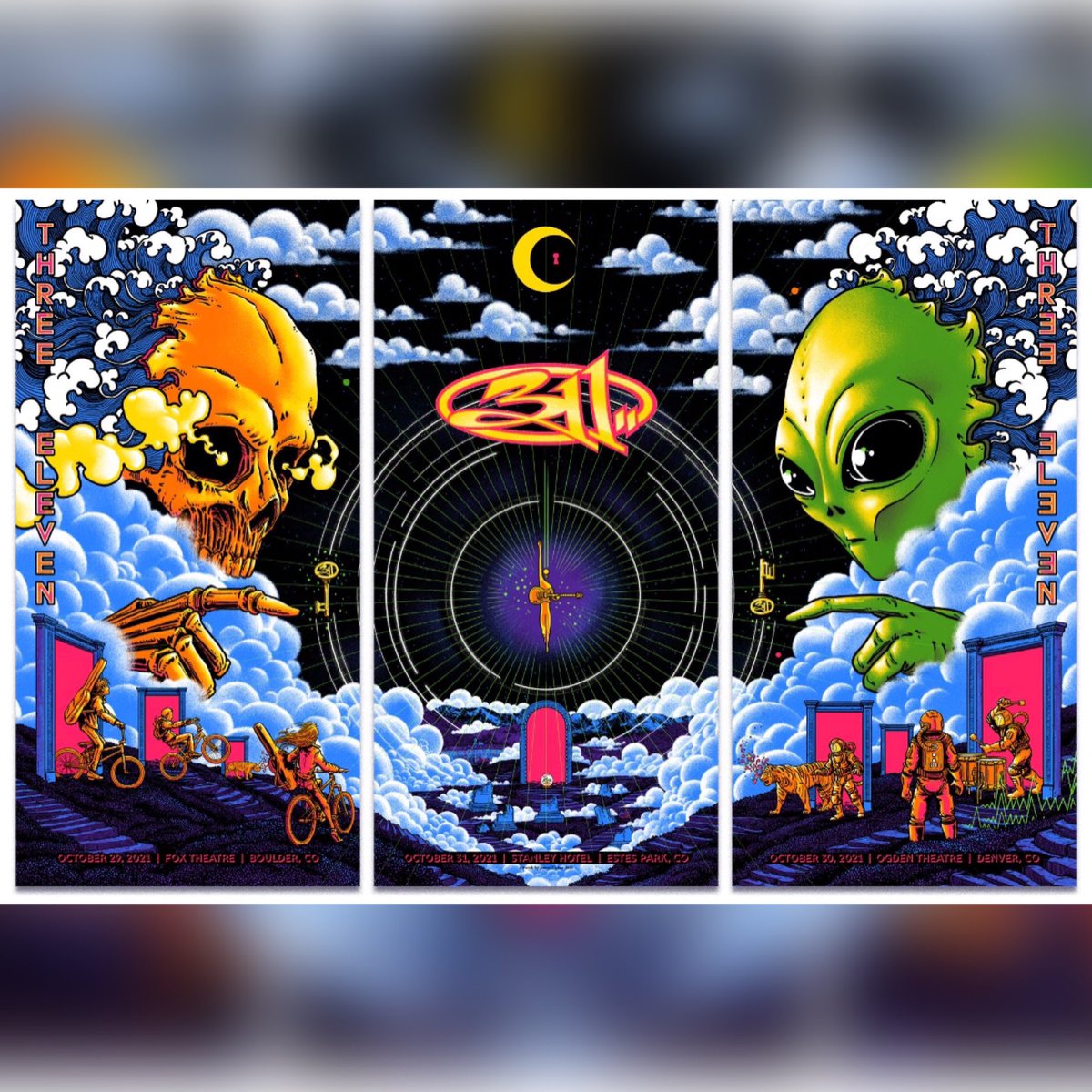 the311store's tweet photo. We are back at it for Halloween in Colorado! Ogden Theatre in Denver tonight! Poster art for all 3 shows by @thejamesflames! Regs signed &amp; numbered out of 150. Foils out of 40. Triptych foils out of 40, with 10 available nightly. #311merch #gigposter #gigposters https://t.co/a8e0y5GNSv