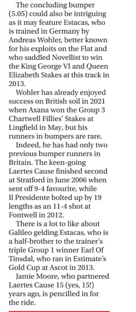 Estacas makes it two winners (and a second) for Andreas Wohler in British bumpers. Remarkable!