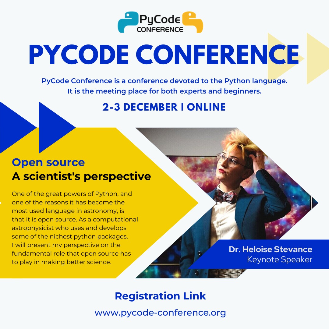 pycode_conf's tweet image. Big news! We proudly announce our Keynote Speaker - Dr. Heloise Stevance!
At PyCode she will be presenting a topic called Open source: A scientist's perspective.
#pycode #python #pyconf #keynote #opensource