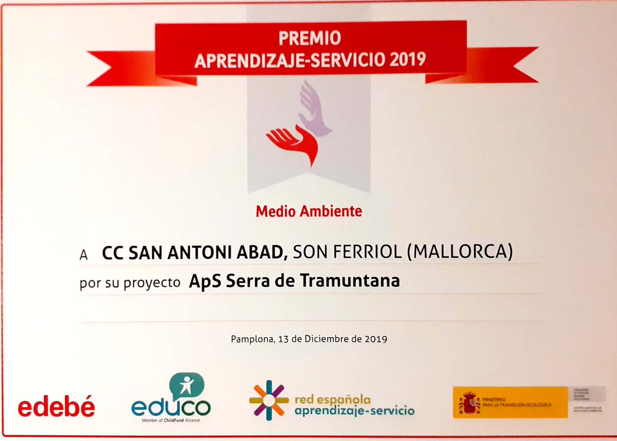 El passat es va dur a terme el lliurament  del premi ApS  Tramuntana, atorgat en 2019 per La Red  Estatal de Aprendizaje y Servicio en la categoria de medi ambient. Es va lliurar el reconeixement i una plaça acreditativa. <a href="/ApS_IBalears/">ApS_IBalears</a> #juntsaprenemmillor

foravila.net/foravilaverd/p…