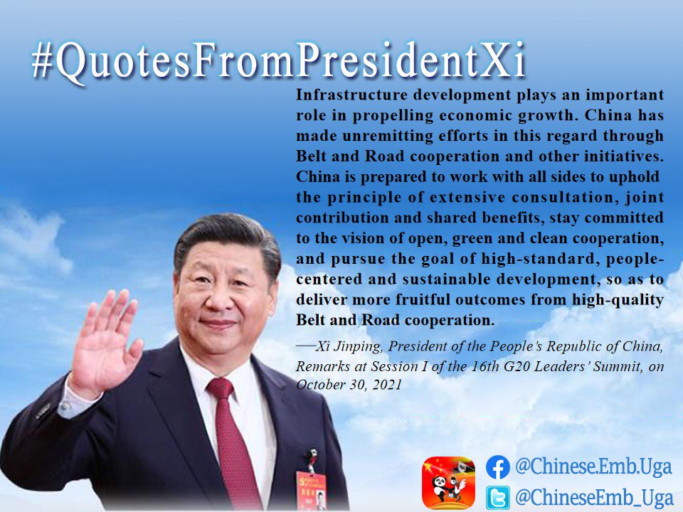 ChineseEmb_Uga's tweet photo. 1/2 #QuotesFromPresidentXi (episode 163) on #G20 #SolidarityInCombatingCOVID19 #EconomicRecovery #CommonDevelopment #EliminatingDigitalDivide #ClimateChange https://t.co/ZxYNuN4pS5