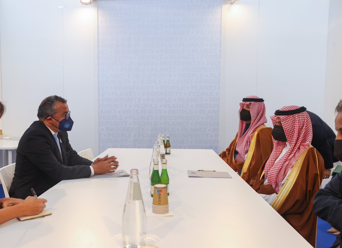 KSAmofaEN's tweet photo. #Rome | Foreign Minister H.H Prince @FaisalbinFarhan met the Director-General of the World Health Organization @DrTedros, on the sidelines of the #G20RomeSummit. https://t.co/g4vBT8jFOn