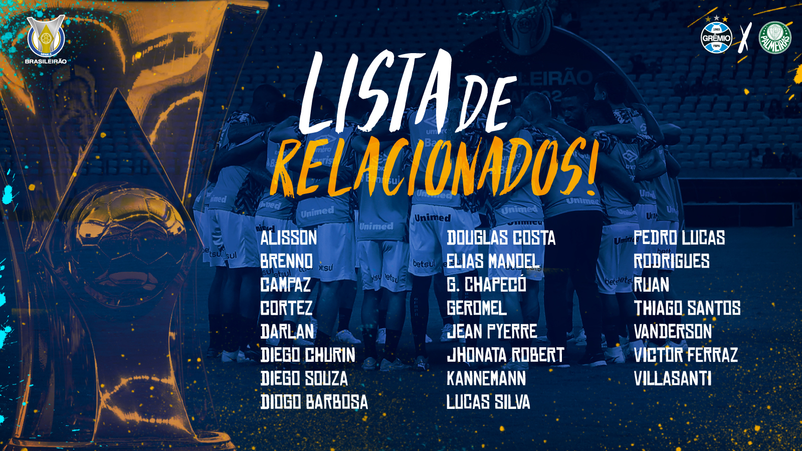 Confira a lista dos jogadores do Grêmio relacionados para este duelo diante do Palmeiras. Fonte: Grêmio FBPA/Twitter
