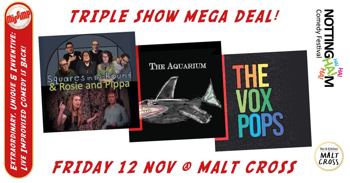 MissImp_Notts's tweet image. Take in three extraordinary improvised comedy shows on Friday 12 November at Malt Cross featuring THE AQUARIUM, all the way from London with their mischievous show of unexpected delights! Book wp.me/pb3l8l-Sdd