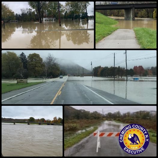 ChemungCounty's tweet photo. According to the NWS we're expecting the Chemung River to crest between 12 p.m. and 2 p.m. this afternoon. We are dealing with road closures and minor flooding issues at this time in Big Flats, C/Elmira, and Erin. Please travel with care. https://t.co/iJJTrSY4EM