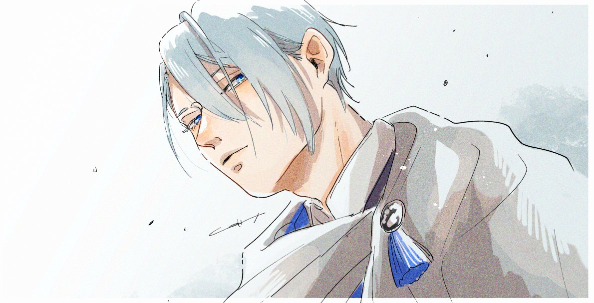 1boy male focus blue eyes solo looking at viewer short hair grey hair  illustration images