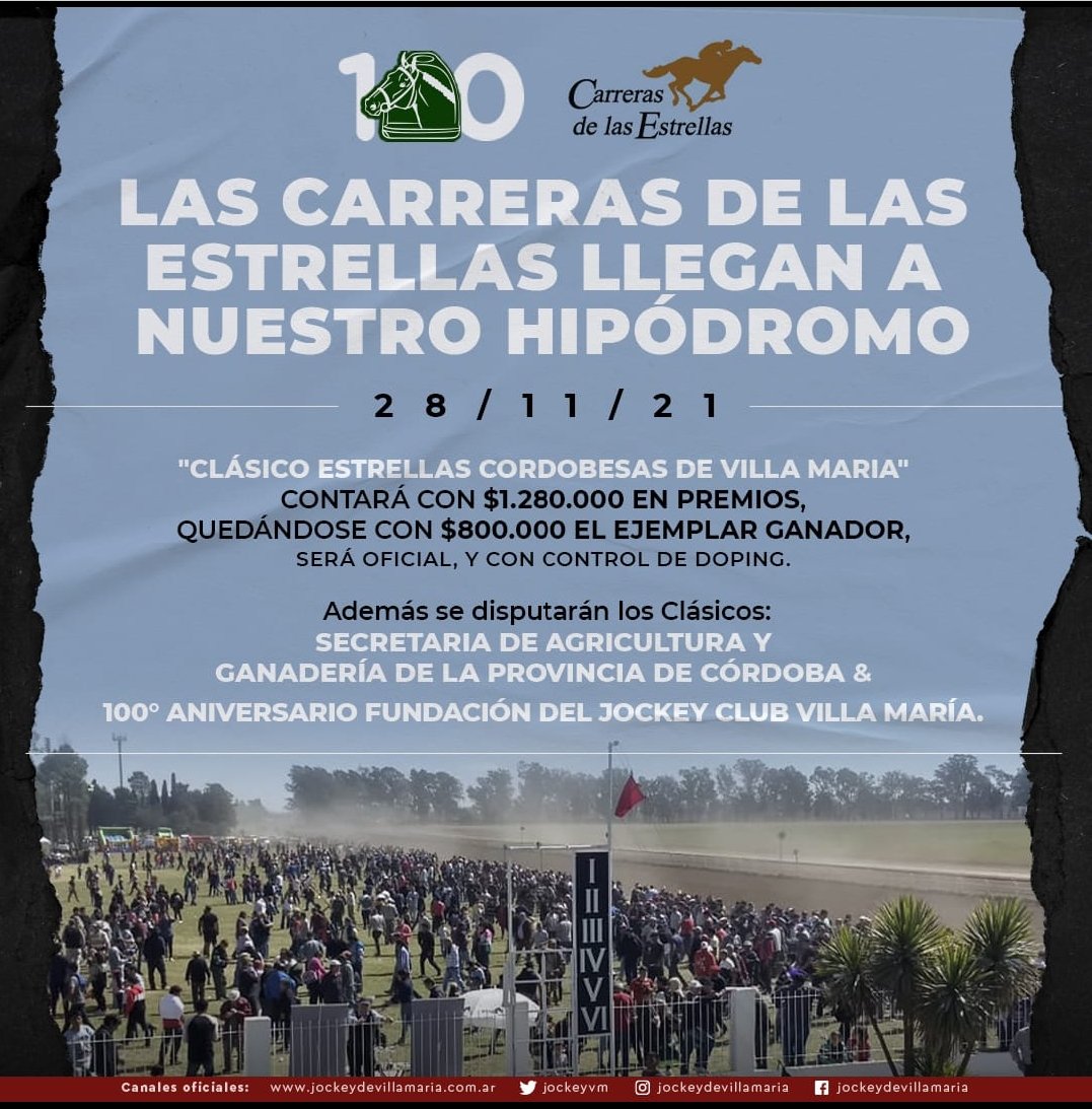 Turf 28-11
Las Carreras de las Estrellas llegan a nuestro hipódromo.
➡️🐴"Clásico Estrellas Cordobesas de Villa Maria"que contará con $1.280.000 en premios, quedándose con $800.000 el  ganador,será oficial,y con control de doping
📺 Transmisión en vivo
🎟️Entrada libre y gratuita