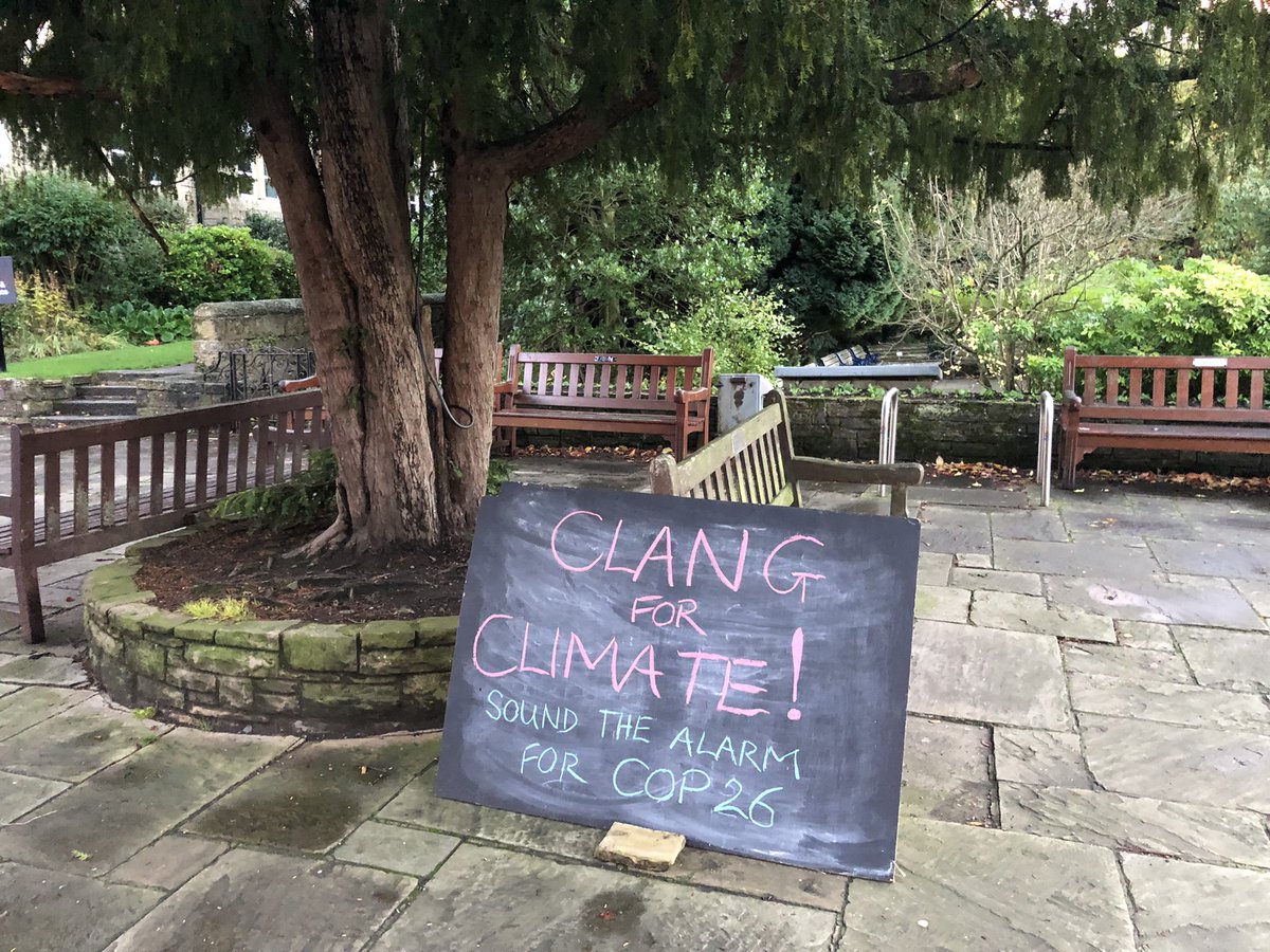 ClimateIlkley's tweet photo. #clangforclimate on the Grove in Ilkley at 6pm today. Come and sound the alarm, let the governments know we want actions not just words. #Ilkley #COP26 #climateemergency https://t.co/OKEfT4CkyI