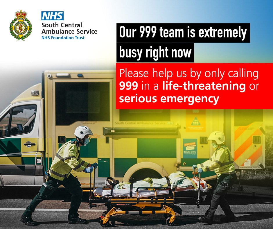 South Central Ambulance Service has declared a Critical Incident due to extreme pressures across our services. Our staff and volunteers are working extremely hard to respond to calls but the volume is overwhelming.