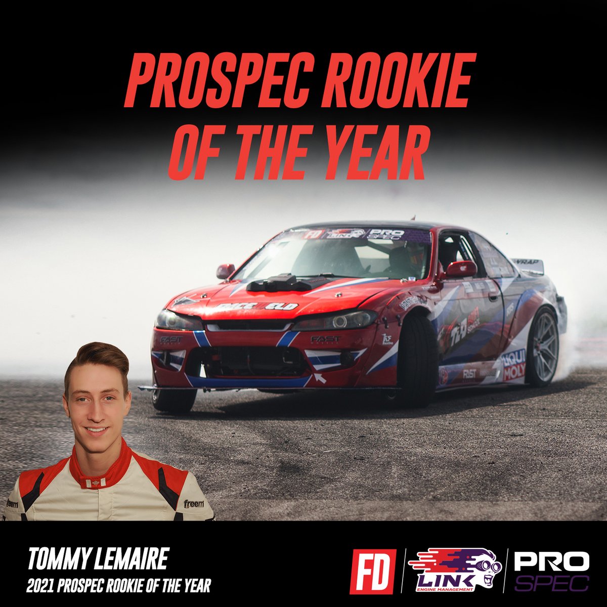 FormulaDrift's tweet photo. Congratulations to Tommy Lemaire - 2021 @Link_ECU PROSPEC Rookie of the Year! 🏆

Re-live your favorite FD 2021 moments and more: https://t.co/ncplsDShAe

#FormulaD #FormulaDRIFT https://t.co/t5MwZYTpyV