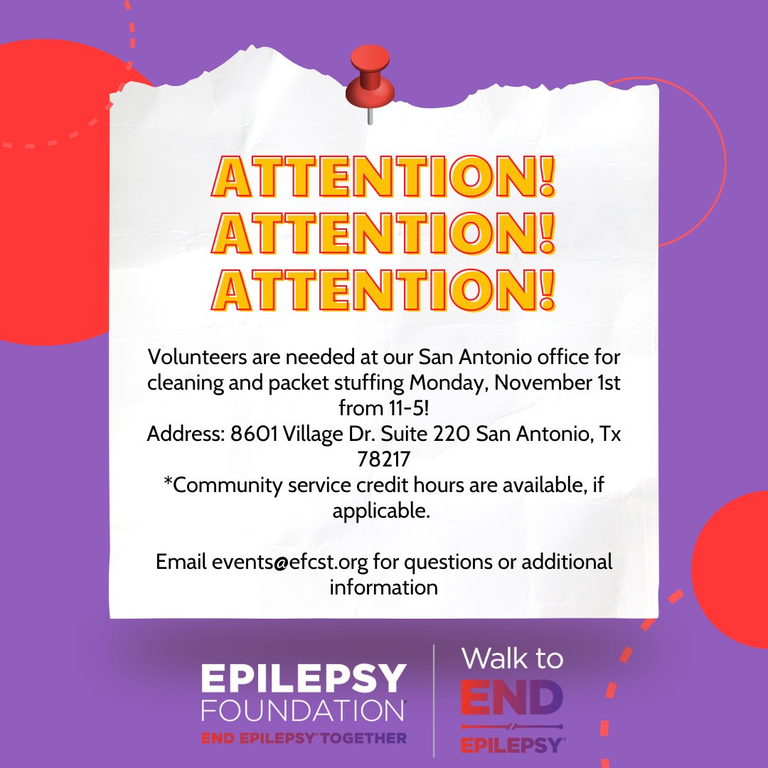 EFCST's tweet photo. We need volunteers at our San Antonio office on Monday for some tasks for the Walk to END EPILEPSY! Please come on by to help us out!
#community #communityservice #volunteers #helpus #W2EE #W2EE2021 #epilepsy #epilepsyfoundation #epilepsyawareness #sanantonio https://t.co/A0UbF8B6ud