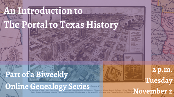 dallaslibrary's tweet photo. Learn about Texas' virtual time machine, the Portal to Texas History. It contains digitized historical and cultural heritage materials from museums, libraries, private collectors and more! Tues. 11/2 at 2pm. Online only; register here: https://t.co/5hT9qMjYjB https://t.co/59XUQChNtb