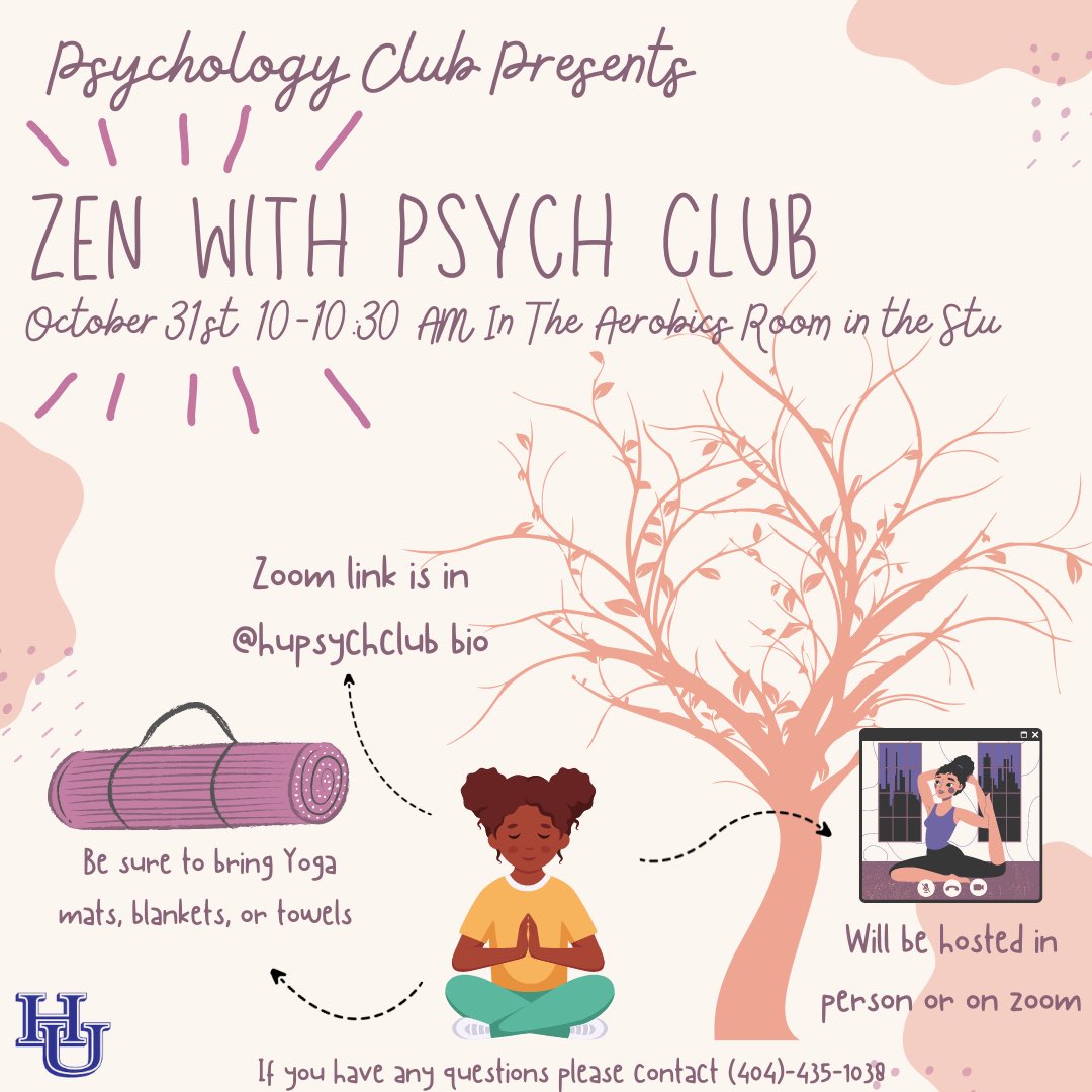 AlyseTrinitee's tweet photo. Zen With Psych Club!
Join me &amp; Psychology Club in the Student Center tomorrow (10/31) at 10am for a yoga &amp; meditation experience!!

Where: Aerobics Room 2nd Floor of the Student Center 
When: 10am-10:30am

We hope to see you there! https://t.co/X83Jp7L444