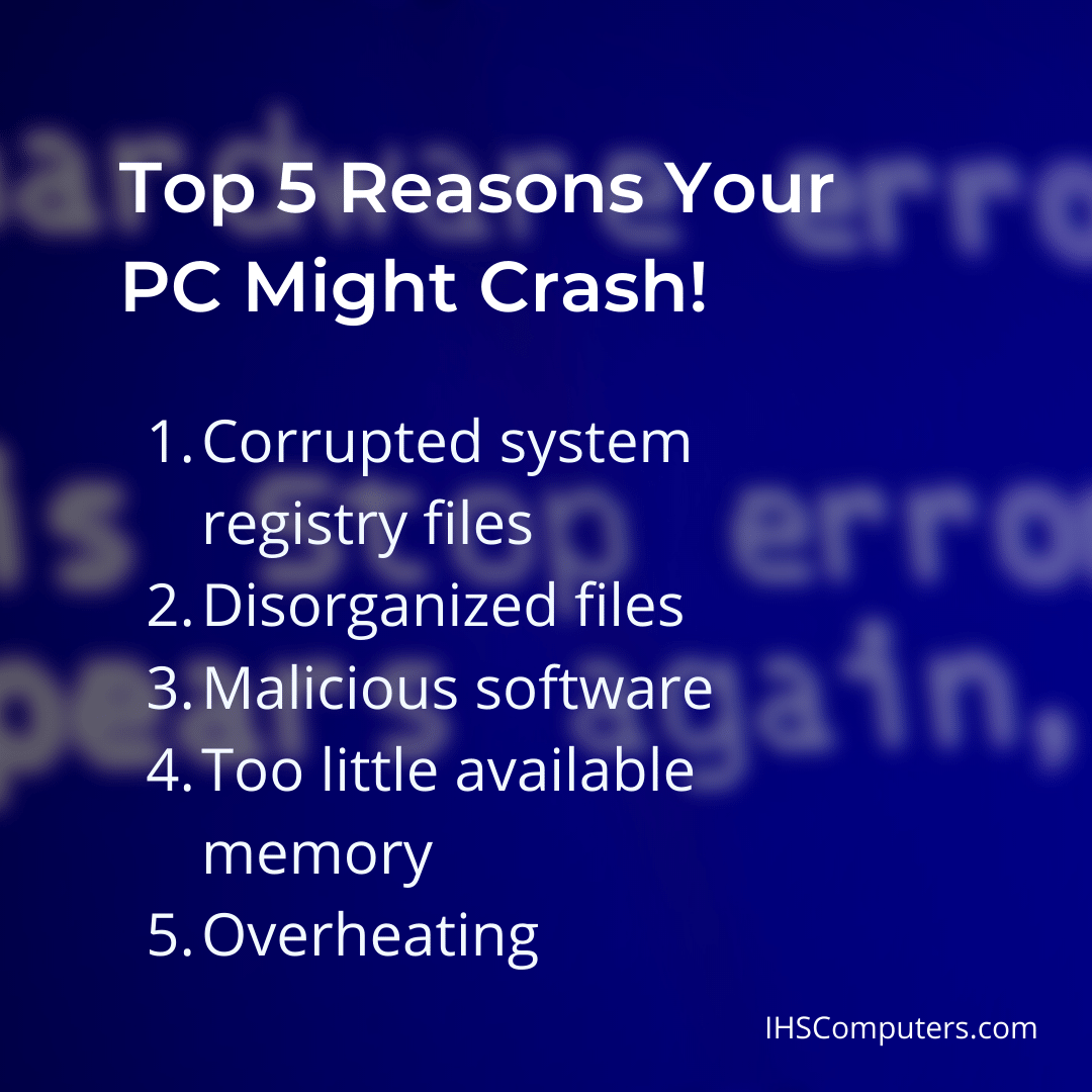 IHScomputersGA's tweet image. Computers crash for a variety of reasons. Random computer crashes are both frustrating and difficult for an average user to diagnose.
Here are five likely culprits.
#computercrash #laptoprepair #computersetup