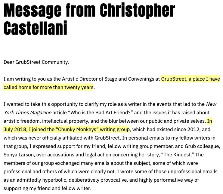 kidneygate's tweet photo. Castellani tries to put as much distance between himself and L’Affaire Dorland as possible

Chunky Monkeys? He only joined in 2018!

Affiliation w Grub Street? Vague!

In reality, he’d been employed at GS since 1999. Second screenshot is from an archived version of the GS website https://t.co/ugJpqiEoMc