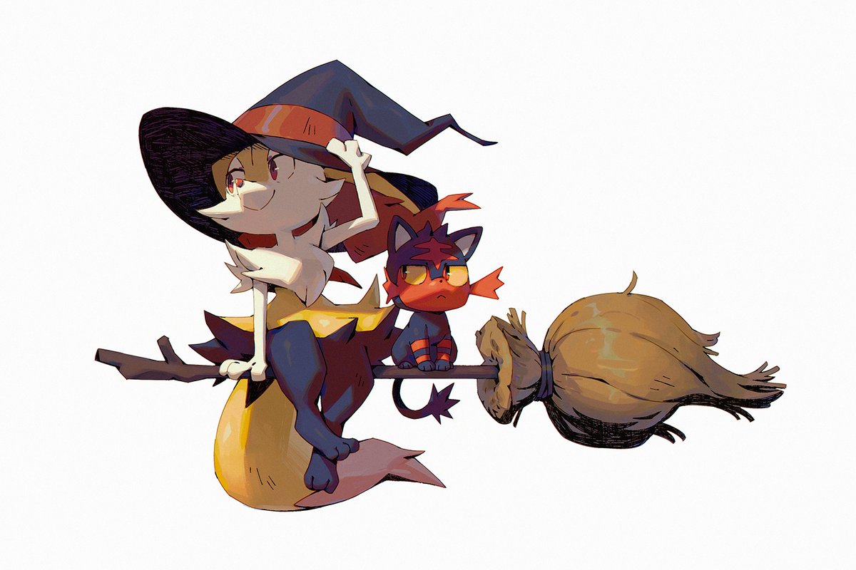 braixen ,litten pokemon (creature) broom broom riding hat sidesaddle black fur witch hat  illustration images
