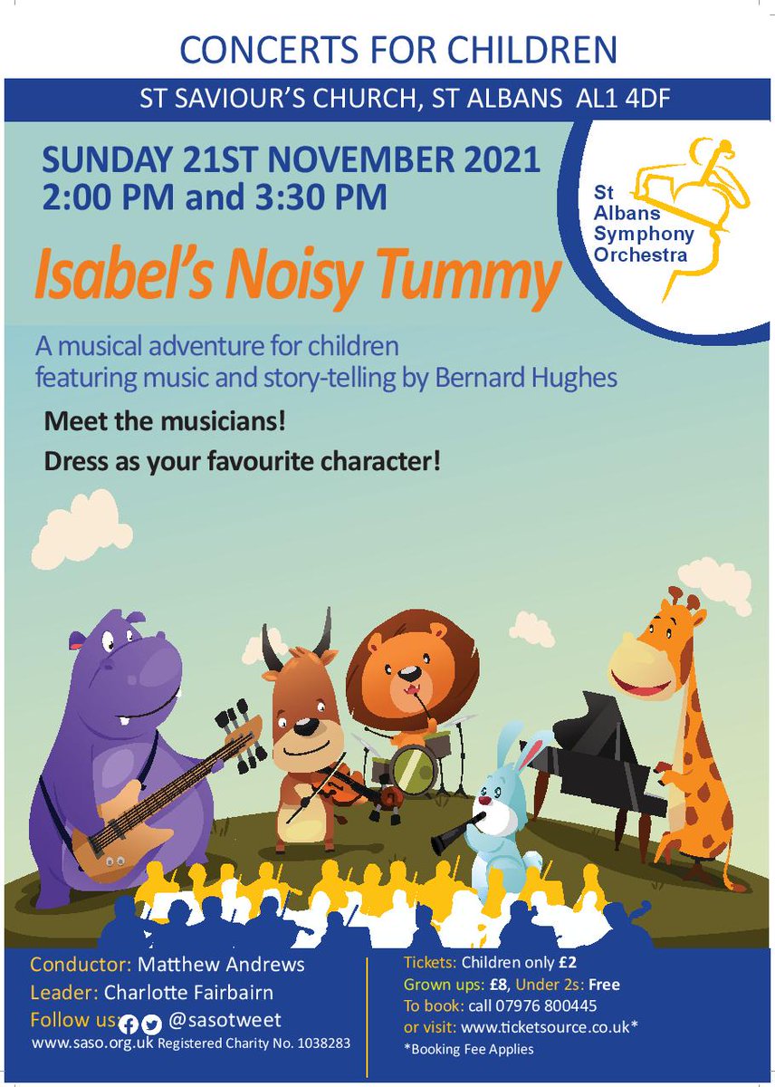 Limited tickets to allow for distancing. 21st November, 2pm and 3.30pm, St Saviour's Church, St Albans. #kidsconcert #music #StAlbans @bernardlhughes #audienceparticipation ticketsource.co.uk/stalbanssympho…