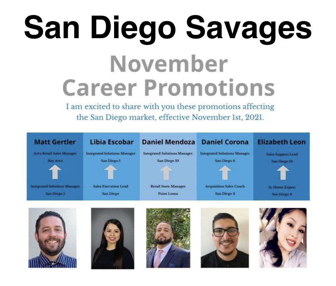 These individuals have all demonstrated what it takes to come to work every day and put in the work🔥💪. 
Let’s give a huge round of applause to the promotions happening for the San Diego Savages☀️💙🌐👏🏻