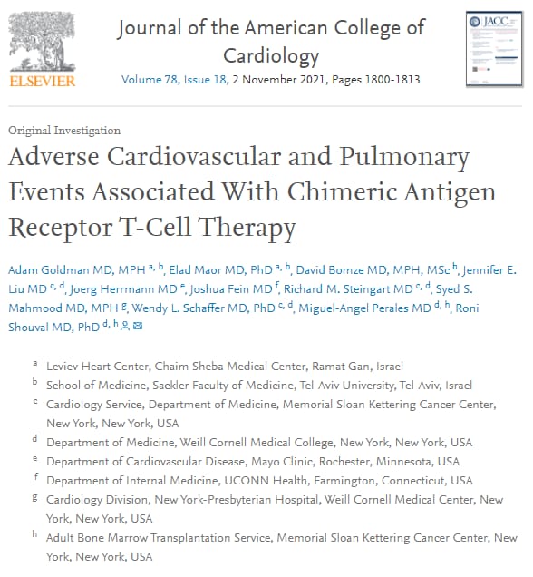 A year ago I wasn't sure what #CARTcells is. I feel many in #cardiotwitter aren't aware of its risks. A collaboration with hematologists ended up with an original <a href="/JACCJournals/">JACC Journals</a> paper showing high rates of #Afib and cardiomyopathies. bit.ly/2Y2OKLq
#EPeeps #Cardioonc