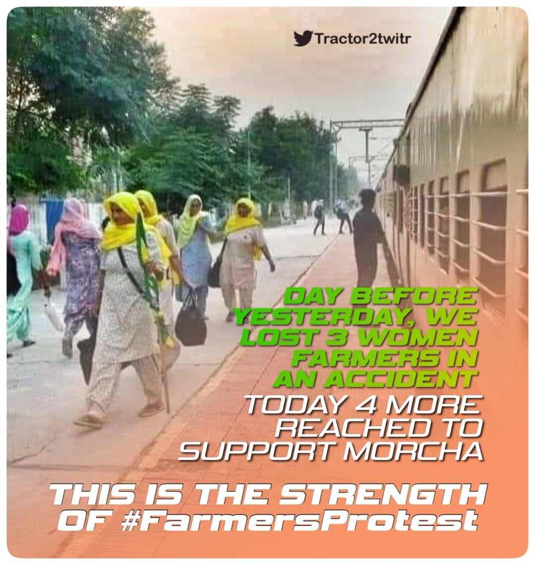 Tractor2twitr's tweet photo. Day before yesterday, we lost 3 women farmers in an accident.
Today 4 more reached to support morcha.

This the real spirit which is our motivation &amp; driving force, and our women farmers are real backbone of #FarmersProtest https://t.co/S8ypbT7t67