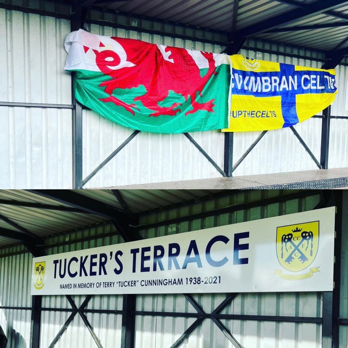 CwmbranCeltic's tweet photo. Before today’s game we celebrated the re-naming of the old stand to ‘ Tuckers Terrace’ in memory of the legend that is Terry Cunningham.  #TuckersTerrace https://t.co/XNxv2ZibSe