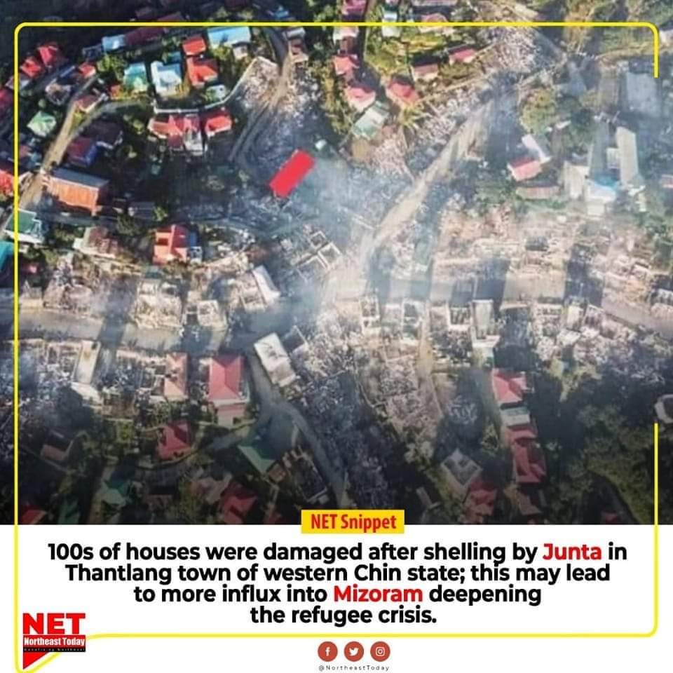 ShweYoke8's tweet photo. Around 160 homes across the Chin state town of Thantlang were burn down in a military shelling on Friday, by Myanmar's Junta following clash with People's Defence Force.
#northeasttoday #Myanmar #chinstate #thantlangtown #damageproperty #Junta #peoplesdefenceforce https://t.co/9LDAXcMq1l