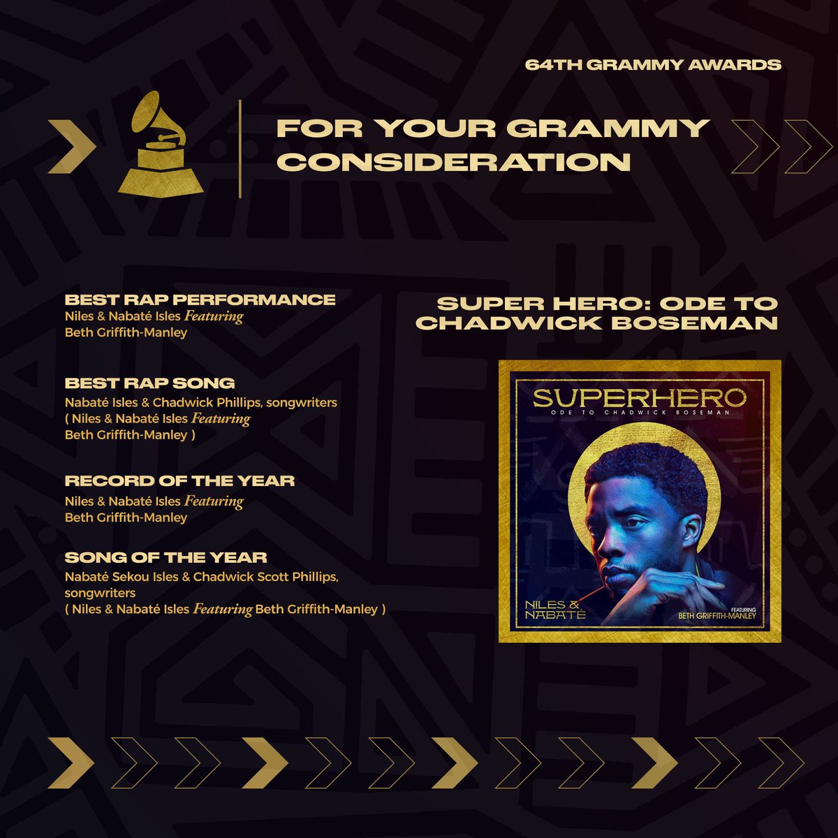 We are part of the 1st Round of nominations for the 64th #GrammyAwards! Pleasure to co-create this tribute to @chadwickboseman w/hip-hop lyricist  @Niles_Davis (of @AvantGardeIs) & feature @bethalwayssings on vocals!

Listen to our labor of love here:
https://t.co/EgrSGWJKwP https://t.co/dK3D3BOLqz