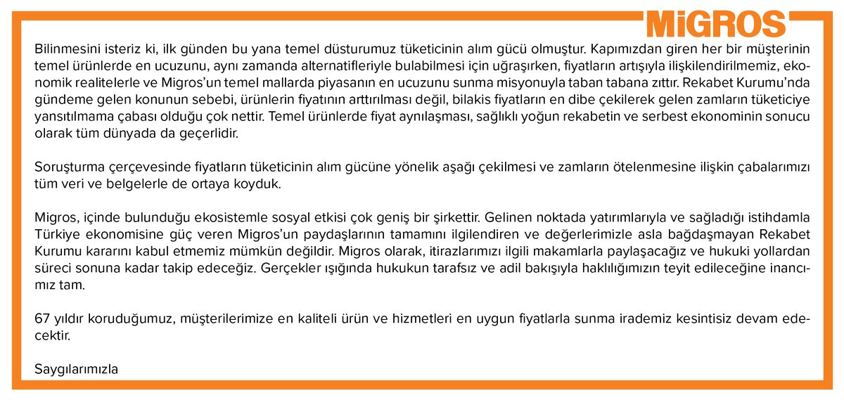 Kamuoyunun bilgisine sunarız. #Migros