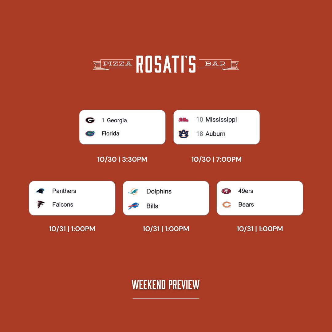 rosatisatl's tweet photo. Another weekend of great games! 🏈 Make sure to mark your calendars so you don't miss out on a good time at Rosati's. We'll see you on the patio! 👋🏼🍻 #RosatisATL https://t.co/UYAXIUINnR