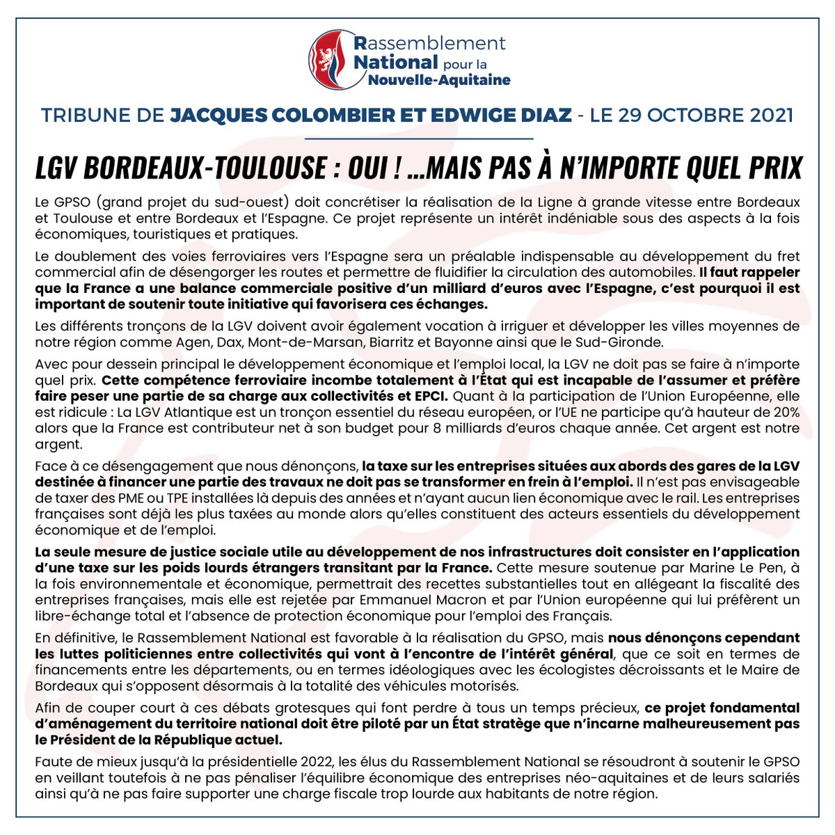JColombierRN's tweet photo. « Oui à la Ligne à Grande Vitesse Bordeaux-Toulouse ...mais pas à n'importe quel prix ! »
Retrouvez la tribune que j'ai cosignée avec @diaz_edwige ⤵️ https://t.co/YVoeM8fQL8