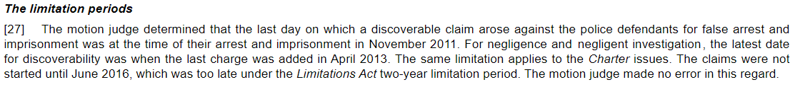 FredSchumann's tweet photo. When does the limitation period for negligent investigation start? Past Ont CA case law said it was the date of acquittal. Now, without referring to that law, panel of Ont CA says it is the date charges were laid: https://t.co/GKsgnxRSCY #negligentinvestigation #policeliability https://t.co/XVzxUv4I6N