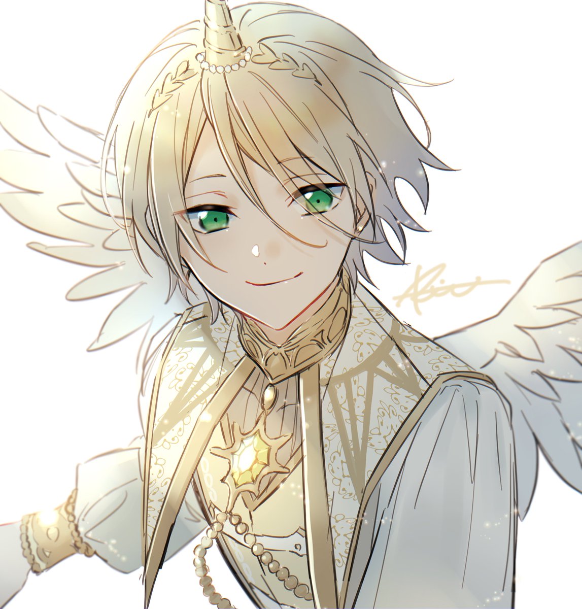 1boy male focus green eyes wings blonde hair smile solo  illustration images