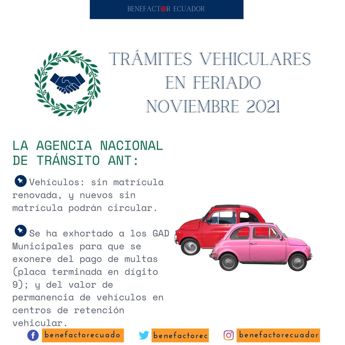 BenefactorEc's tweet photo. Trámites y matriculación vehicular #ANT vía @ANT_ECUADOR
✅ vehículos nuevos sin matrícula, y vehículos sin matrícula renovada pueden circular en feriado

#Benefactor #Ecuador #BenefactorEC los derechos al alcance de tu mano ☎️ 🏢 🖥 https://t.co/FCcMdPY9LR
