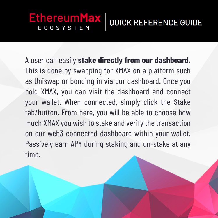 ethereum_max's tweet photo. Welcome to the EthereumMax Ecosystem. Here's a quick reference guide on How to Stake; a user can easily stake directly from our dashboard. 

https://t.co/MmOIGhX0EK https://t.co/ZcXqdqrz3g