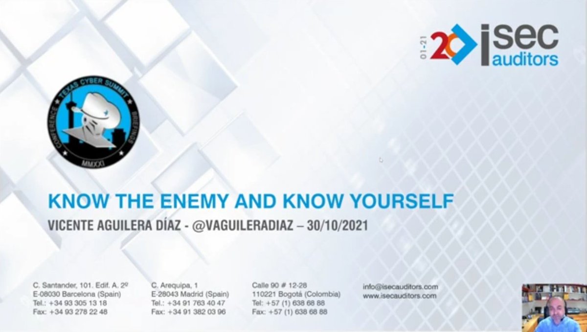 VAguileraDiaz's tweet photo. Encantado de haber participado hoy en @texascyber. Ojalá la próxima vez pueda ser de forma presencial, compartiendo experiencias con el resto de ponentes y asistentes. ¡Grandísimo evento! #ciberseguridad #cybersecurity #tinfoleak #OSINT #SOCMINT

Video 👇:
https://t.co/m5MiiNa93M https://t.co/yTqx6pSVZq