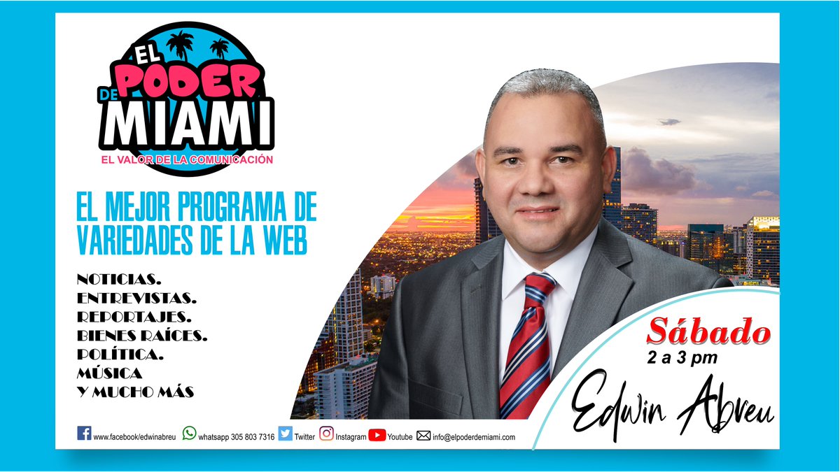EdwinElDiputad1's tweet photo. Bendecido sabado. Por razones tecnicas y mantenimiento en la plataforma de comunicacion, El Poder de Miami no estara hoy en vivo en el horario programado. Pedimos disculpas, el proximo sabado estaremos en vivo si Dios lo permite. Edwin Abreu https://t.co/IgIgDCQaV0
