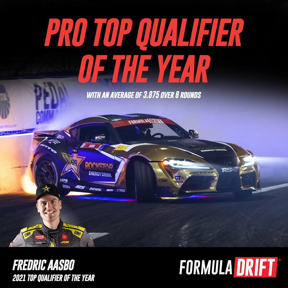FormulaDrift's tweet photo. Congratulations to @FredricAasbo | @ToyotaRacing - 2021 PRO Top Qualifier of the Year! 🏆

Re-live your favorite FD 2021 moments and more on our YouTube channel: https://t.co/ncplsDShAe

#FormulaD #FormulaDRIFT https://t.co/NuYp1KytbH