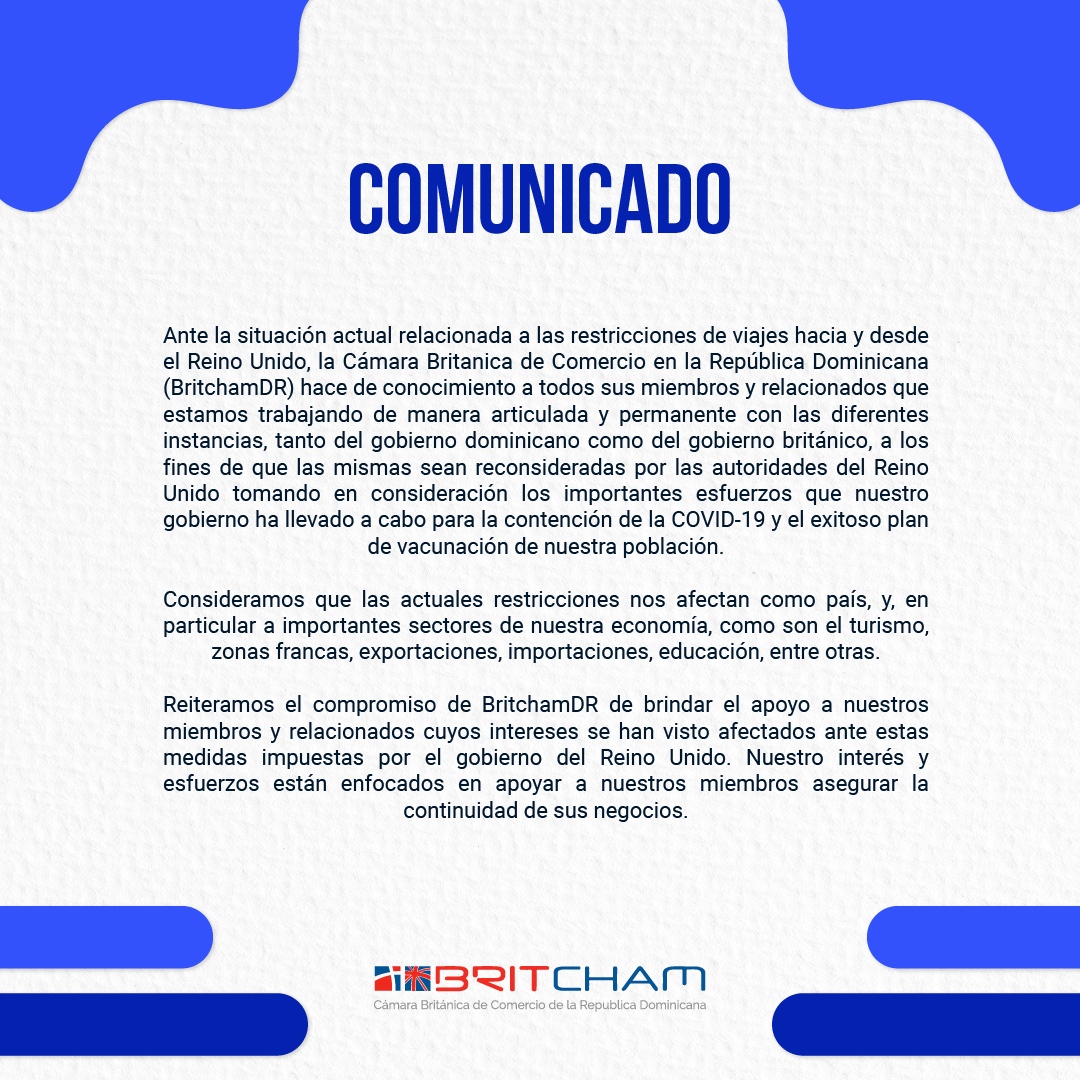 BritchamDR's tweet photo. ¿Te has visto afectado por esta medida?
Agradecemos que te comuniques con nosotros a administracion@britchamdr.com y nos cuentes tu situación. ¡Estamos aquí para ustedes!
#BritchamDR #BritchamExperience #Membership https://t.co/2yhfKPP3DV