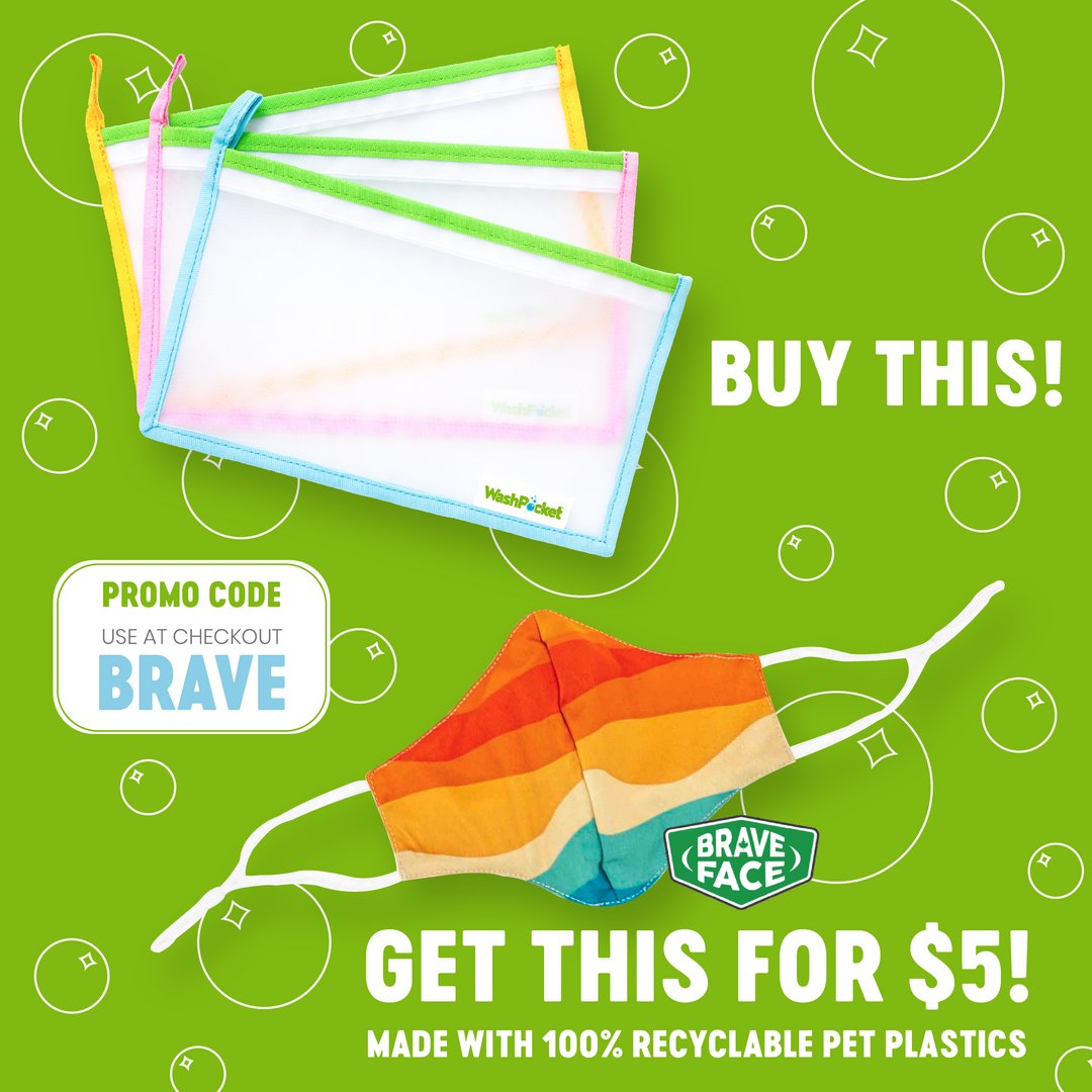 WashPocket's tweet photo. We are offering BraveFace Masks made with #PETPlastic ♻️ for $5 with a purchase of a Set of 3 WashPockets.

Add the Set of 3 &amp; your BraveFace Mask to your cart. Use BRAVE at checkout!

#WashPockets here! 🎉 https://t.co/ofl8pDpFAj 
BraveFace Masks here! ♻️ https://t.co/qjWX0CMVk3 https://t.co/IEJH6UIJ28
