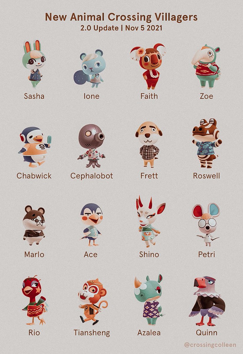 crossingcolleen's tweet image. Here are the 16 new villagers for the Animal Crossing 2.0 update! Whose your fave? ⭐️✨