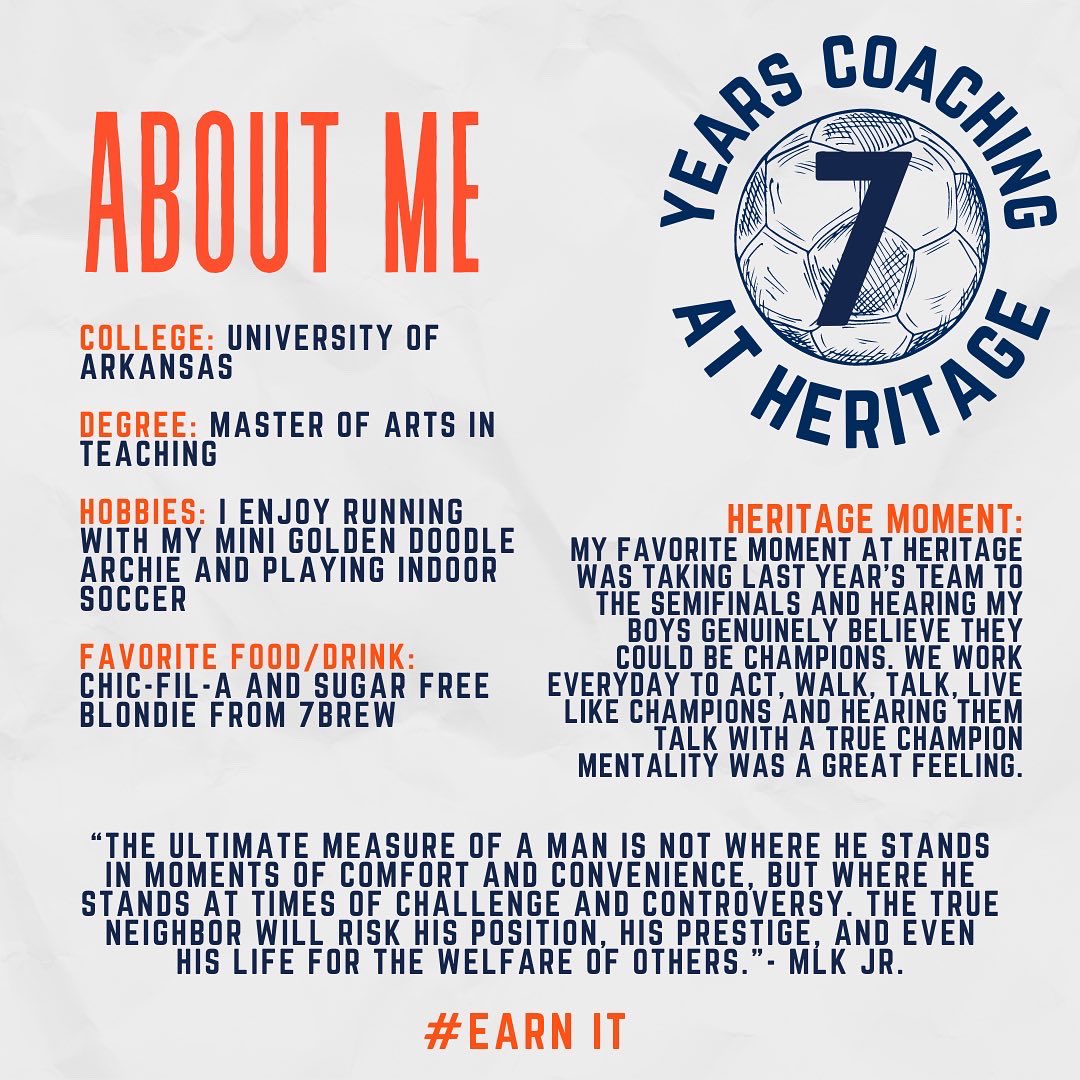 Meet Coach Saavedra! All day and everyday he represents Heritage as our student success coordinator. You can also find him around the field coaching our boys soccer team! #EARNIT
<a href="/WarEagleSoccer/">WarEagleSoccer</a>
