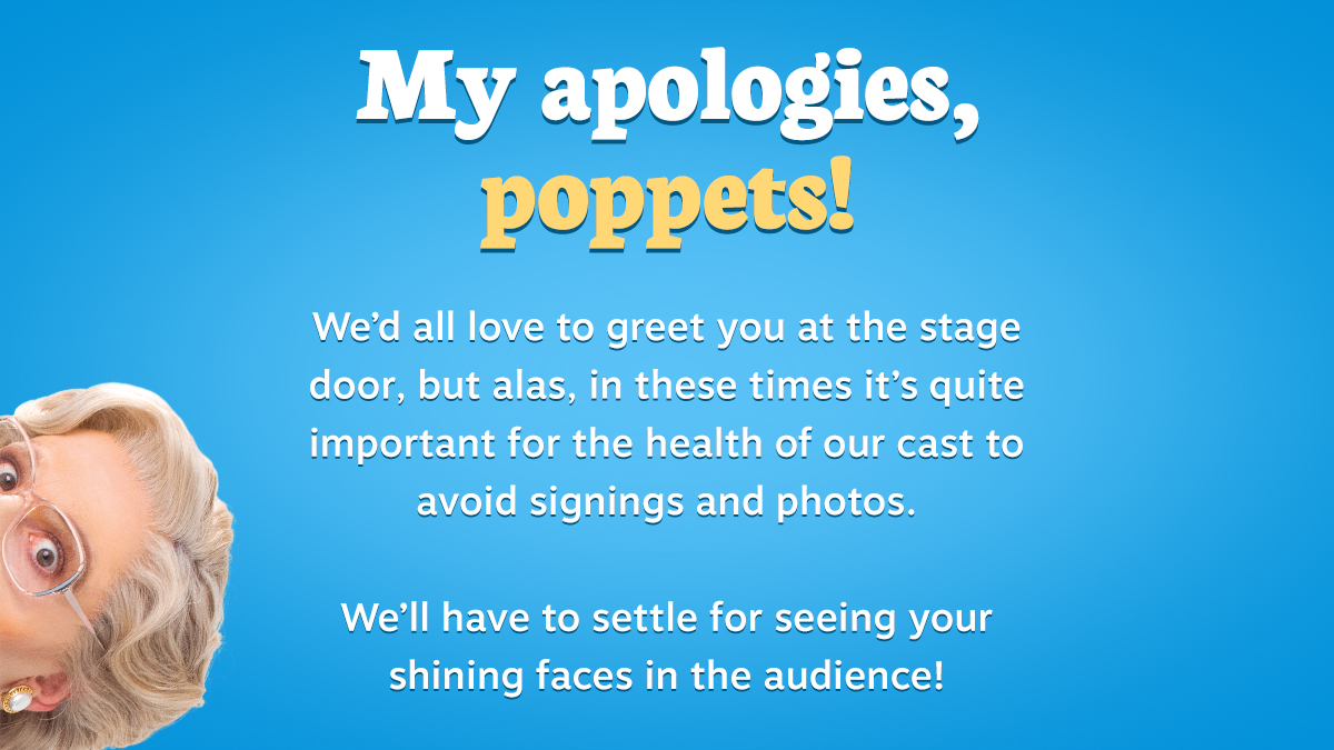 We have to love you from afar for now! Our Doubtfire family will not be able to stop for photos or sign playbills for the time being as we begin performances. Stay tuned as there will be opportunities to get a signed playbill from our cast! #DoubtfireBroadway